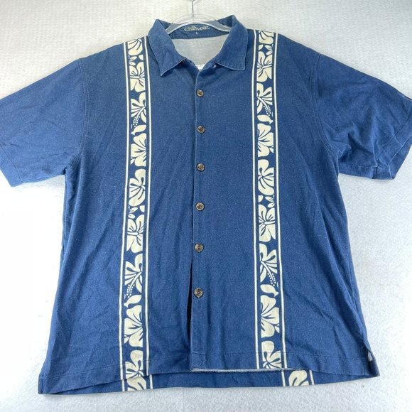 CHILIWEAR Mens L Blue Hawaiian Wood Button Up Short Sleeve Tropical Shirt - Picture 2 of 11